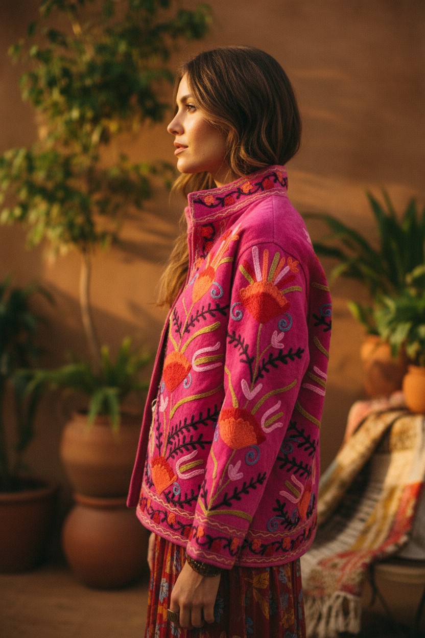 Pink Pomegranate Suzani Jacket side profile