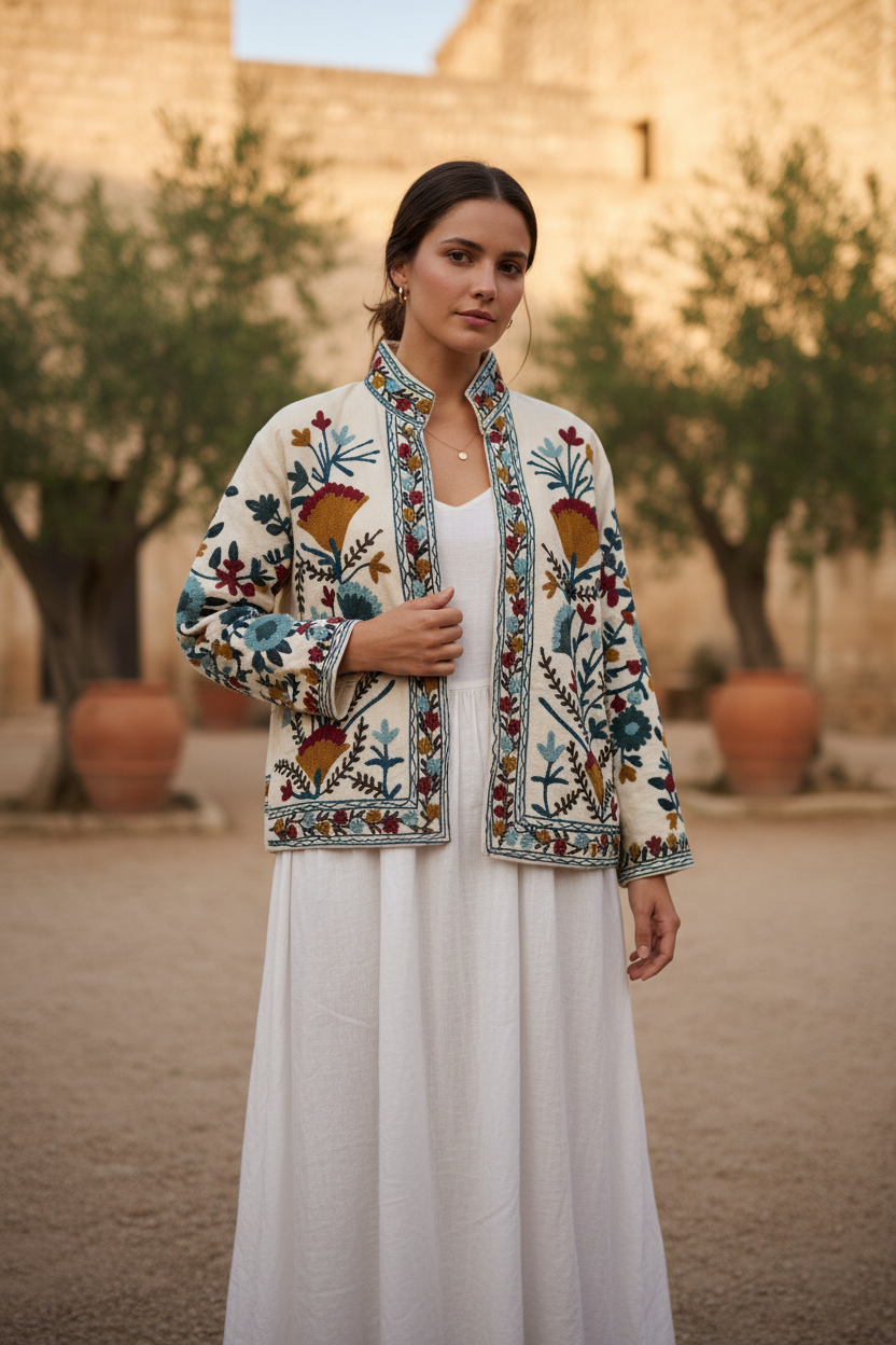 Ice Cream Suzani Jacket - full length, worn over white dress