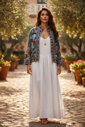 Moonstone Suzani Jacket - full length, worn over white dress