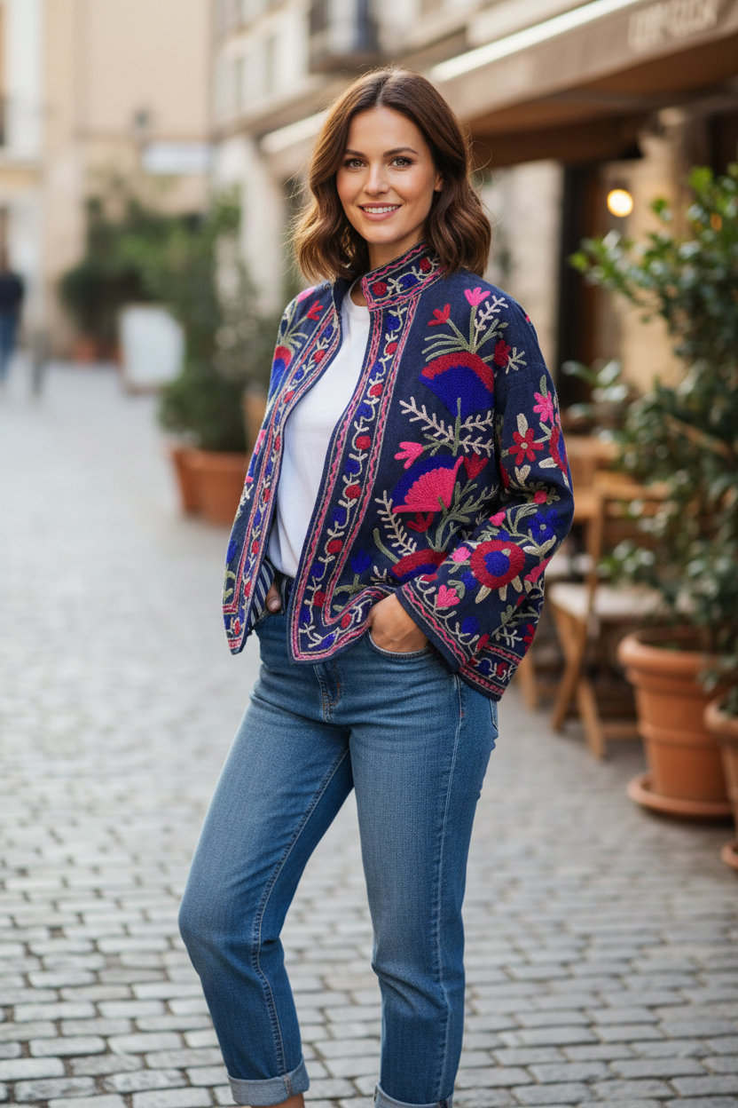 Blueberry Suzani Jacket - three-quarter close-up with denim