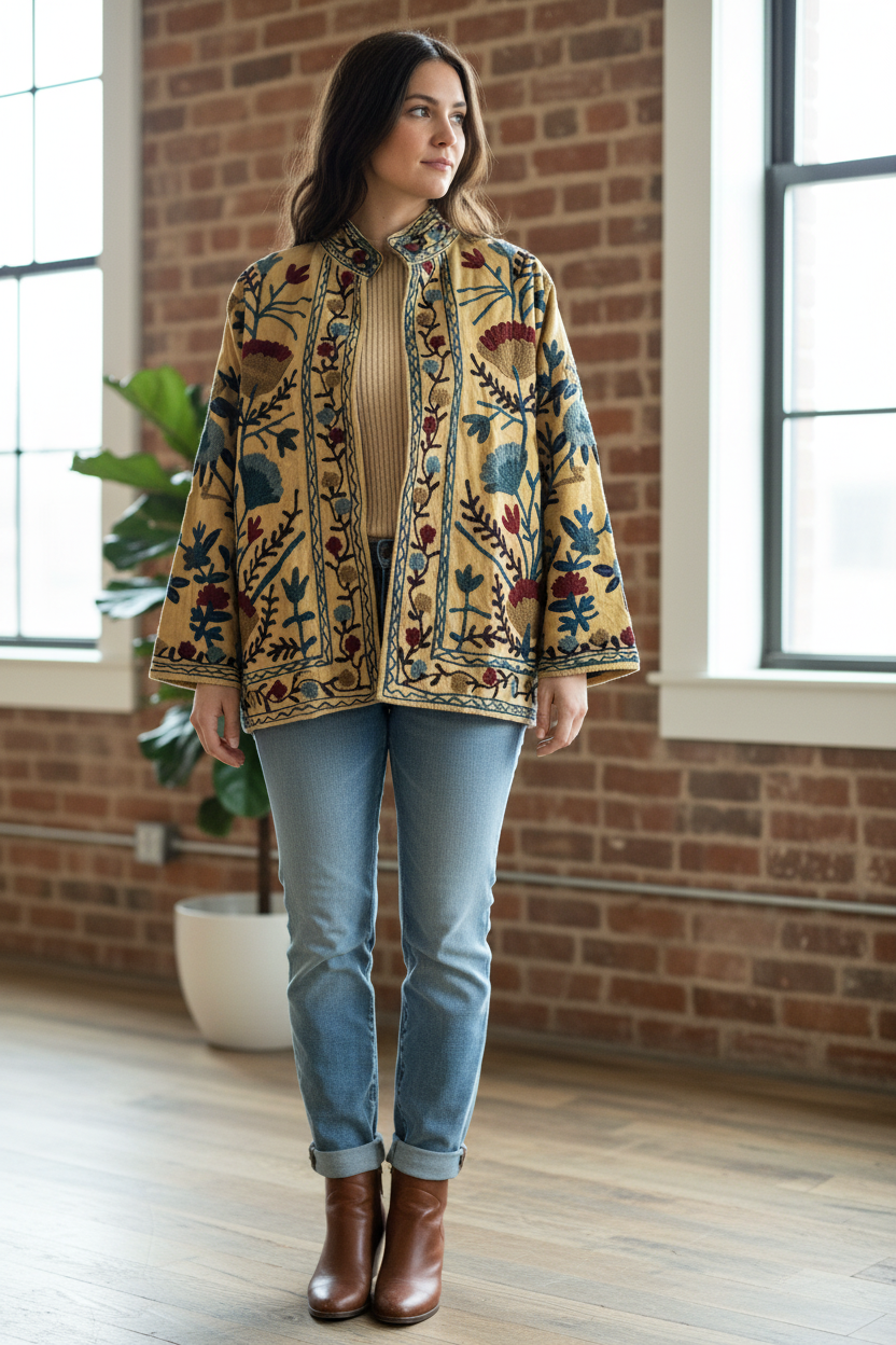 Butter Yellow Suzani Jacket - three-quarter close-up with denim