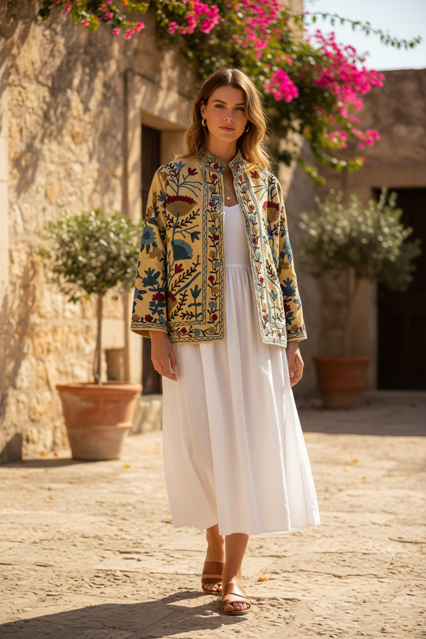Butter Yellow Suzani Jacket - full length, worn over white dress