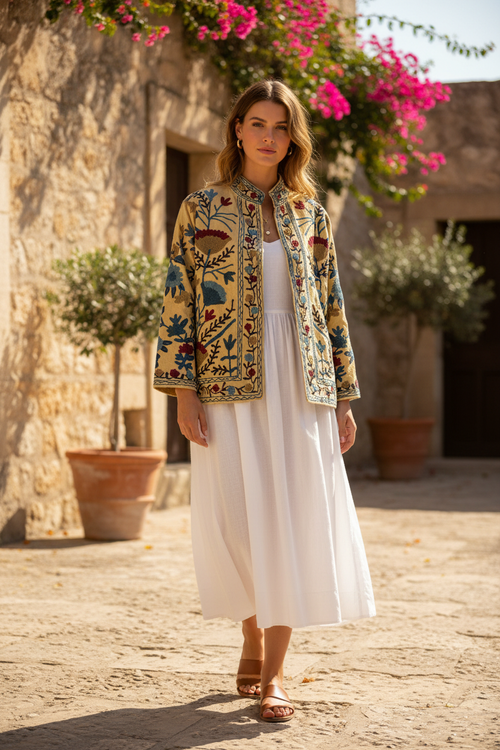 Butter Yellow Suzani Jacket - full length, worn over white dress