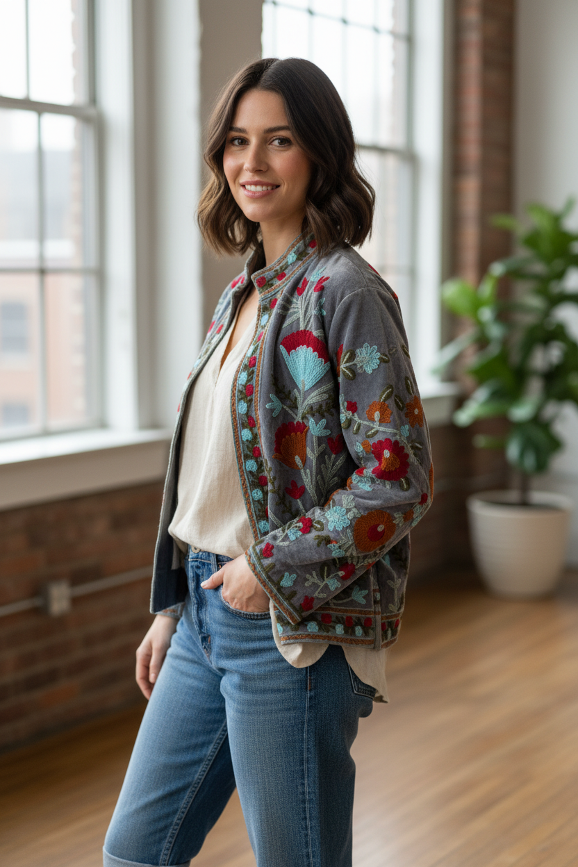 Moonstone Suzani Jacket - three-quarter close-up with denim