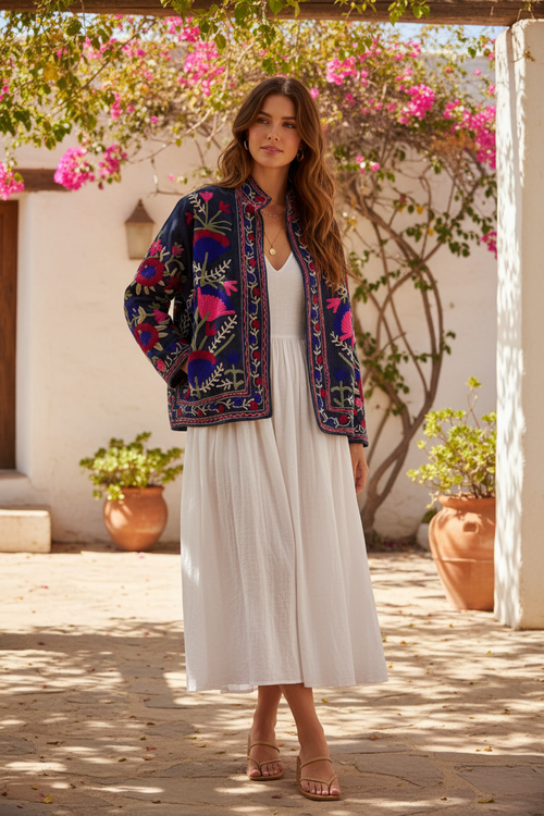 Blueberry Suzani Jacket - full length, worn over white dress