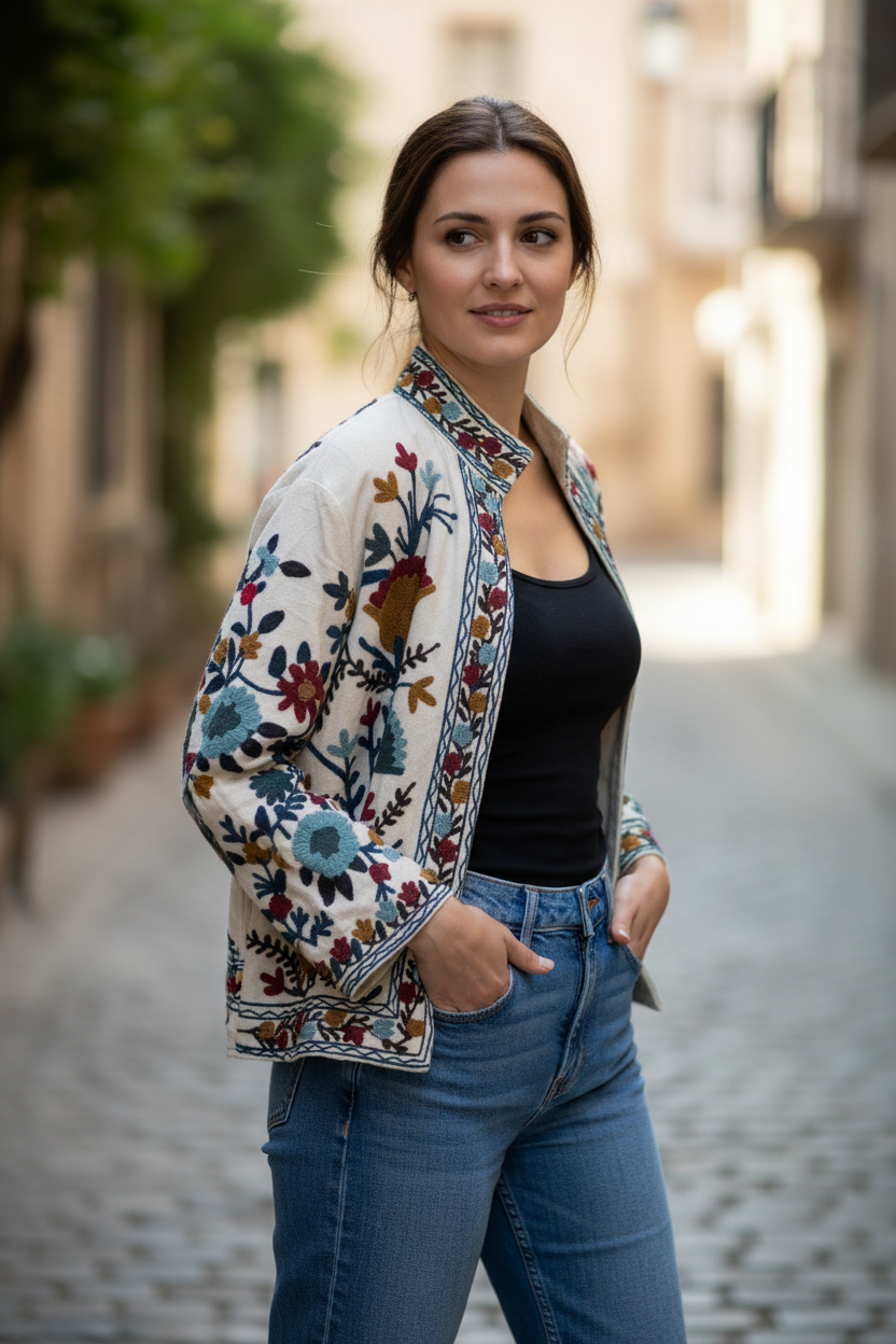Ice Cream Suzani Jacket - three-quarter close-up with denim