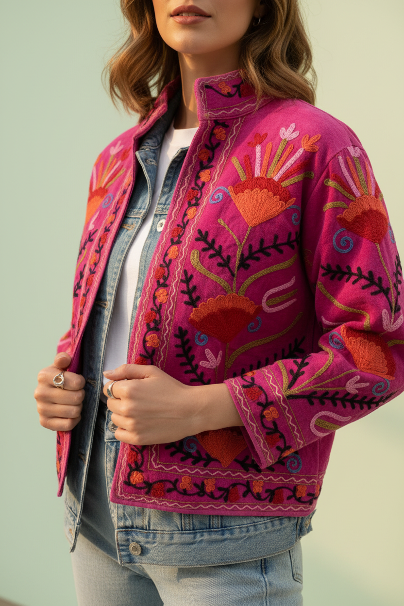 Pink Pomegranate Suzani Jacket - Denim