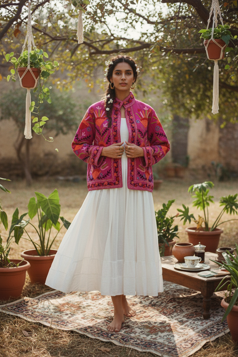 Pink Pomegranate Suzani Jacket - White Dress